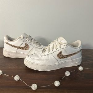 Nike Air Force 1 Sneakers; White with Cheetah Swoosh